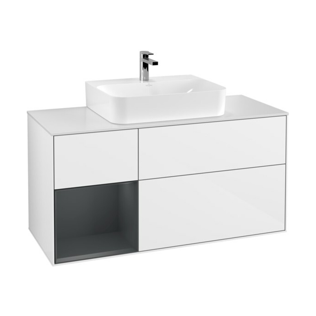 V&B Meuble sous-lavabo Finion 120 cm, plaque blanche, poignée laiton, blanc laqué