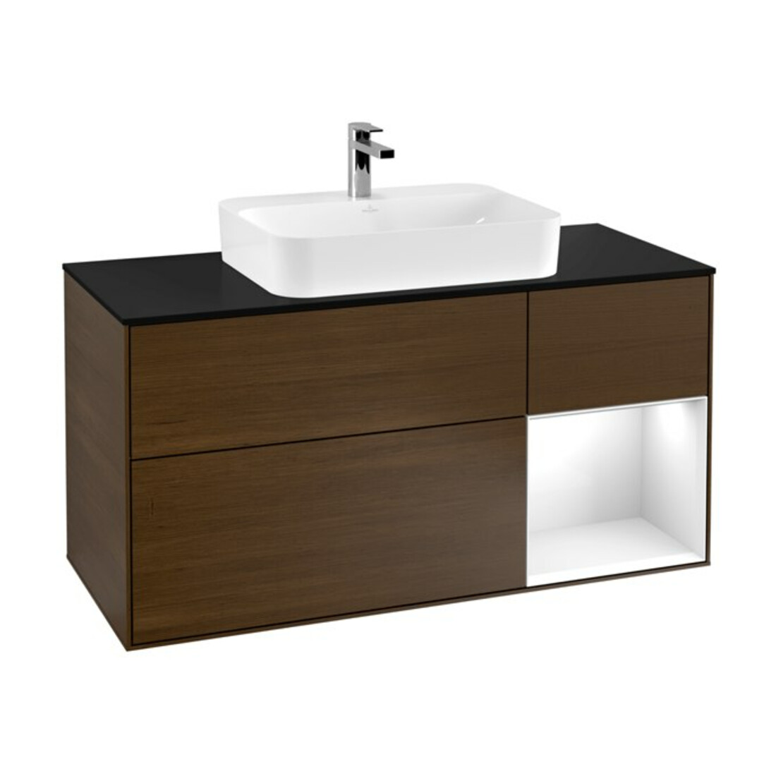 V&B Meuble sous lavabo Finion 120 cm, Plaqué bouleau, laqué blanc brillant, noyer veneer