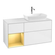 V&B Meuble sous lavabo Finion 120 cm, Plaqué chêne, laqué blanc brillant