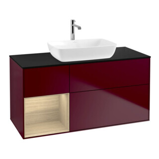 V&B Meuble sous lavabo Finion 120 cm, plaque d’habillage bleue, étagère ouverte, poignée métal