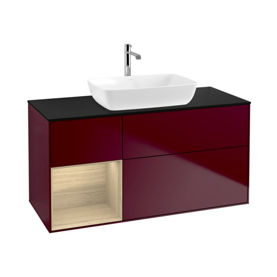 V&B Meuble sous lavabo Finion 120 cm, plaque d’habillage bleue, étagère ouverte, poignée métal