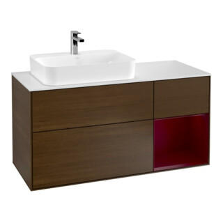 V&B Meuble sous lavabo Finion 120cm, blanc, éclairage mural, tiroir droit, noyer veneer