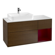 V&B Meuble sous lavabo Finion 120cm, blanc, éclairage mural, tiroir droit, noyer veneer