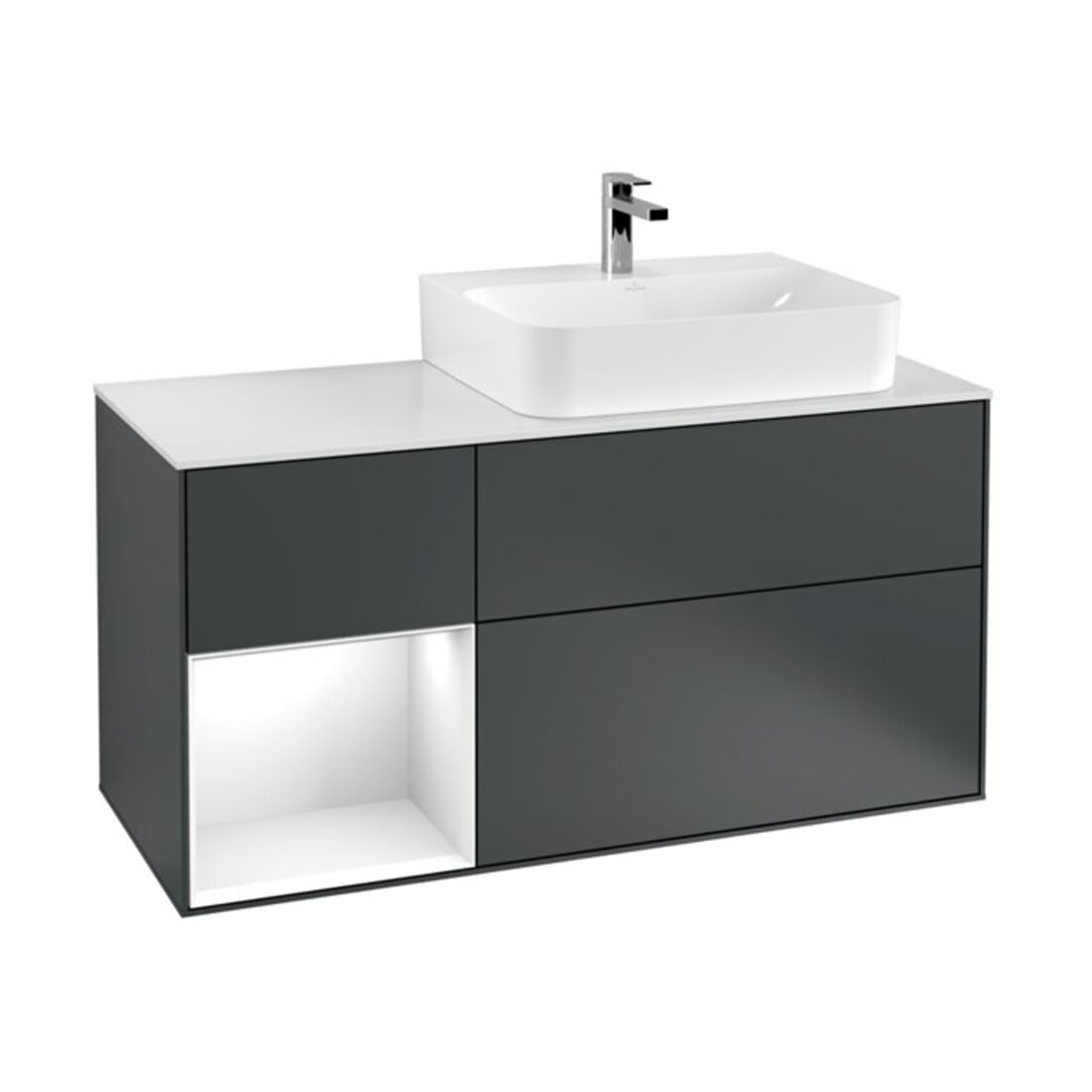 V&B Meuble sous-lavabo Finion 120cm, éclairage mural, blanc laqué, bleu mat