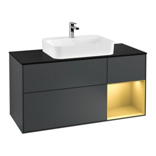 V&B Meuble sous-lavabo Finion 120cm, éclairage mural, placage bois, laque mat bleu