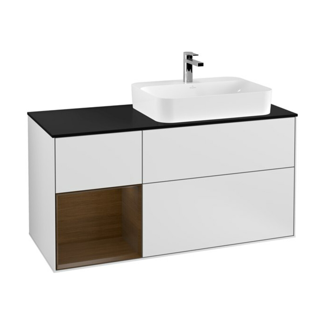 V&B Meuble sous lavabo Finion 120cm, Pl b m, Étagère gauche, blanc mat lacqué
