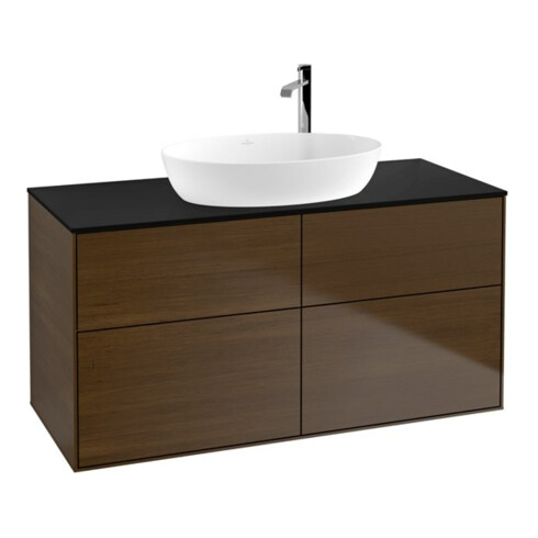 V&B Meuble sous lavabo Finion 120x60,3 cm, plan de couv. bleu m, placage noyer