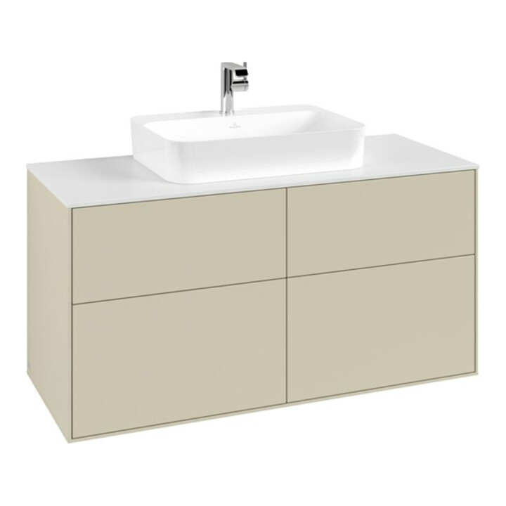 V&B Meuble sous lavabo Finion 120x60,3cm, plan de drainage blanc, poignée argent, avec laque