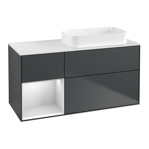 V&B Meuble sous lavabo Finion 120x60 cm, côté gauche, blanc mat laqué, médium bleu mat laqué