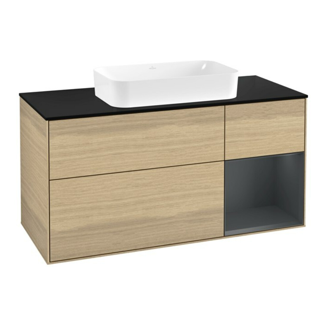 V&B Meuble sous lavabo Finion 120x60 cm, droite, tiroir moyen, blanc mat, chêne clair
