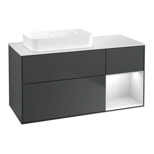 V&B Meuble sous lavabo Finion 120x60 cm, éclairage mural, blanc brillant, bleu brillant