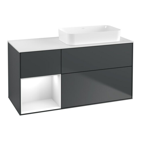 V&B Meuble sous-lavabo Finion 120x60 cm, éclairage mural, blanc laqué, bleu mat