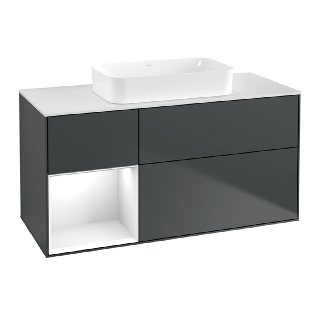 V&B Meuble sous-lavabo Finion 120x60 cm, éclairage mural, laqué blanc, bleu mat