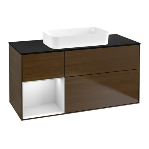 V&B Meuble sous-lavabo Finion 120x60 cm, éclairage mural, placage noyer, blanc laqué, droite