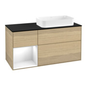 V&B Meuble sous-lavabo Finion 120x60 cm, éclairage mural, placage Oa, blanc brillant, tiroir gauche