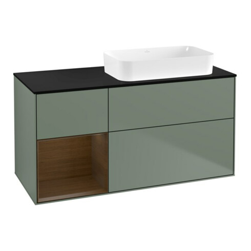 V&B Meuble sous lavabo Finion 120x60 cm, éclairage mural, rég. gauche, olivier mat lacqué