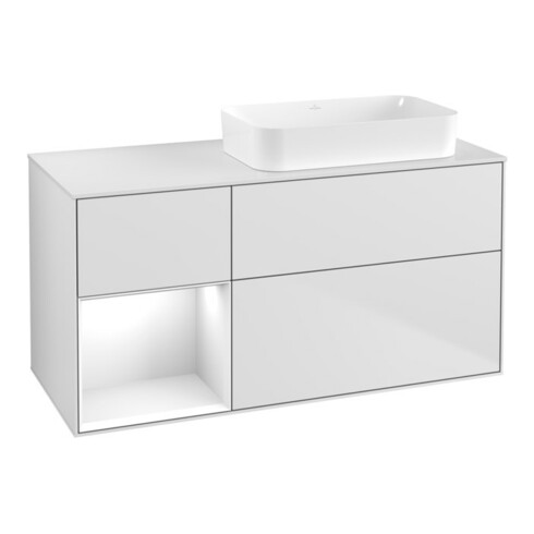 V&B Meuble sous-lavabo Finion 120x60 cm, étagère gauche, blanc brillant, blanc mat brillant