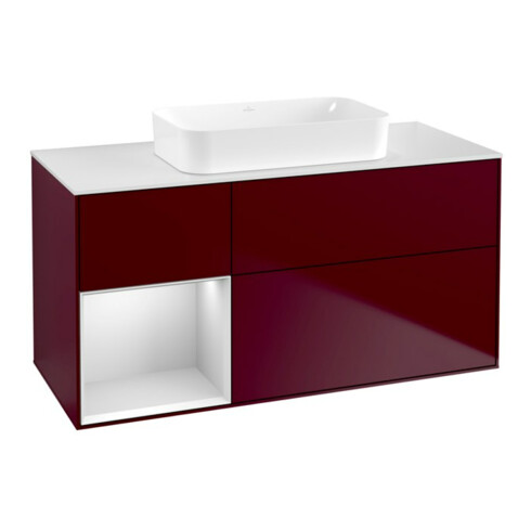 V&B Meuble sous lavabo Finion 120x60 cm, étagère gauche, blanc laqué, Pivoine mat