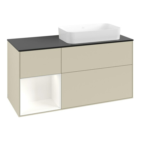 V&B Meuble sous lavabo Finion 120x60 cm, étagère gauche blanc mat avec laque, gris moyen avec laque
