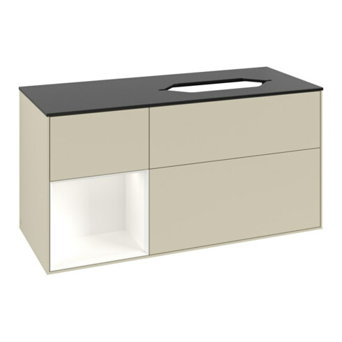 V&B Meuble sous lavabo Finion 120x60 cm, étagère gauche blanc mat avec laque, gris moyen avec laque