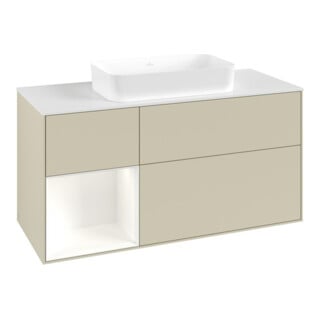 V&B Meuble sous-lavabo Finion 120x60 cm, étagère gauche blanc mat avec laque, gris moyen avec laque