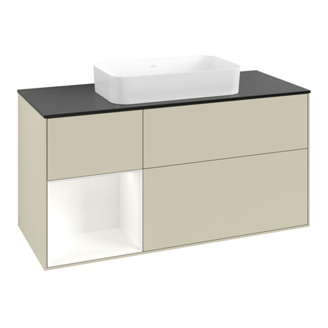 V&B Meuble sous lavabo Finion 120x60 cm, étagère gauche, blanc mat laqué, gris moyen laqué