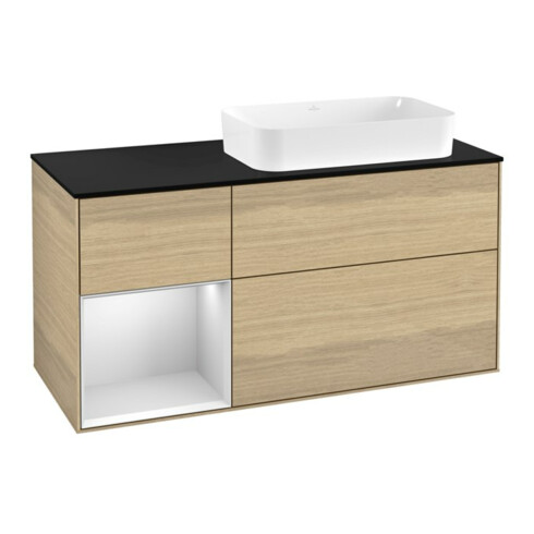 V&B Meuble sous lavabo Finion 120x60 cm, étagère gauche, blanc mat, placage chêne