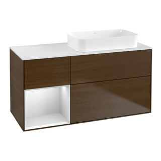 V&B Meuble sous lavabo Finion 120x60 cm, étagère gauche, blanc, placage noyer