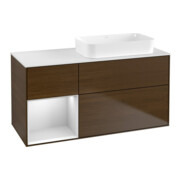 V&B Meuble sous lavabo Finion 120x60 cm, étagère gauche, blanc, placage noyer