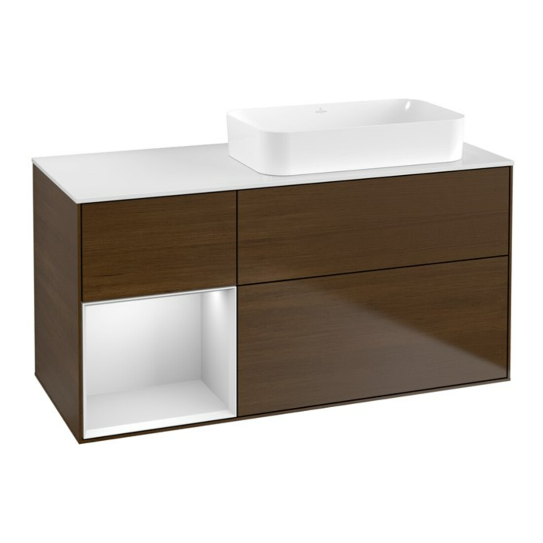 V&B Meuble sous lavabo Finion 120x60 cm, étagère gauche, blanc, placage noyer