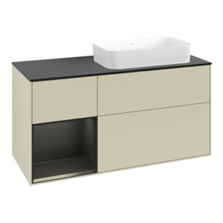 V&B Meuble sous lavabo Finion 120x60 cm, étagère gauche bleu mat laqué, gris moyen laqué