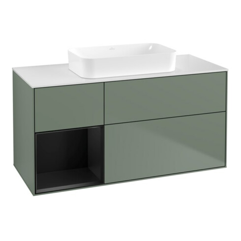 V&B Meuble sous lavabo Finion 120x60 cm, étagère gauche bleu mat laqué, olivier mat laqué