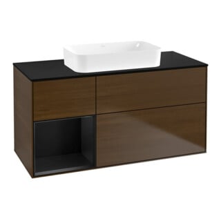 V&B Meuble sous lavabo Finion 120x60 cm, étagère gauche bleu mat, placage noyer