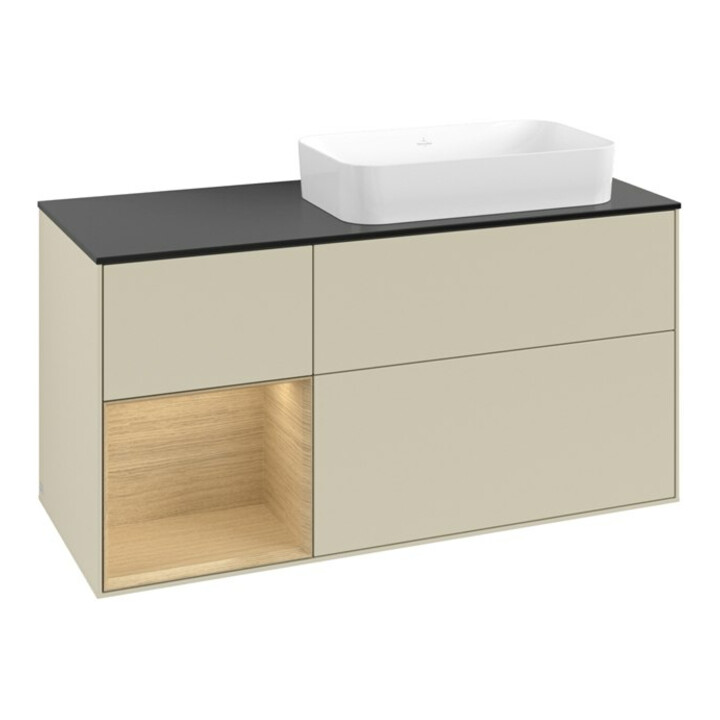V&B Meuble sous lavabo Finion 120x60 cm, étagère gauche, chêne naturel, gris mat laqué