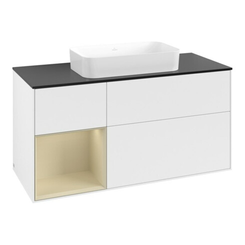 V&B Meuble sous lavabo Finion 120x60 cm, étagère gauche, gris moyen laqué, blanc laqué