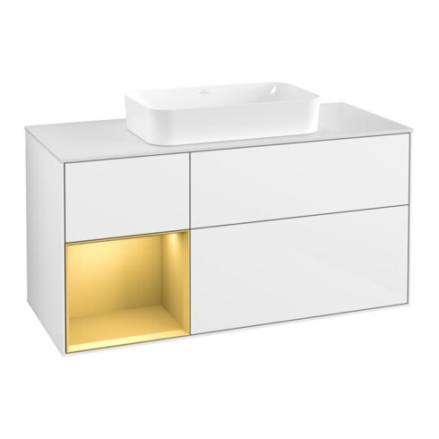 V&B Meuble sous lavabo Finion 120x60 cm, étagère gauche, laqué blanc brillant