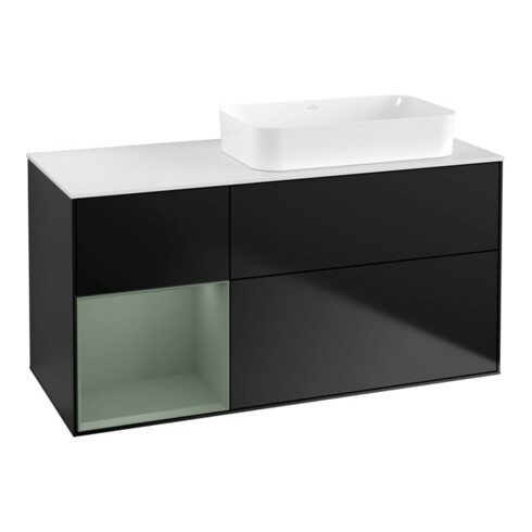 V&B Meuble sous-lavabo Finion 120x60 cm, étagère gauche, olivier mat laqué, bleu mat laqué