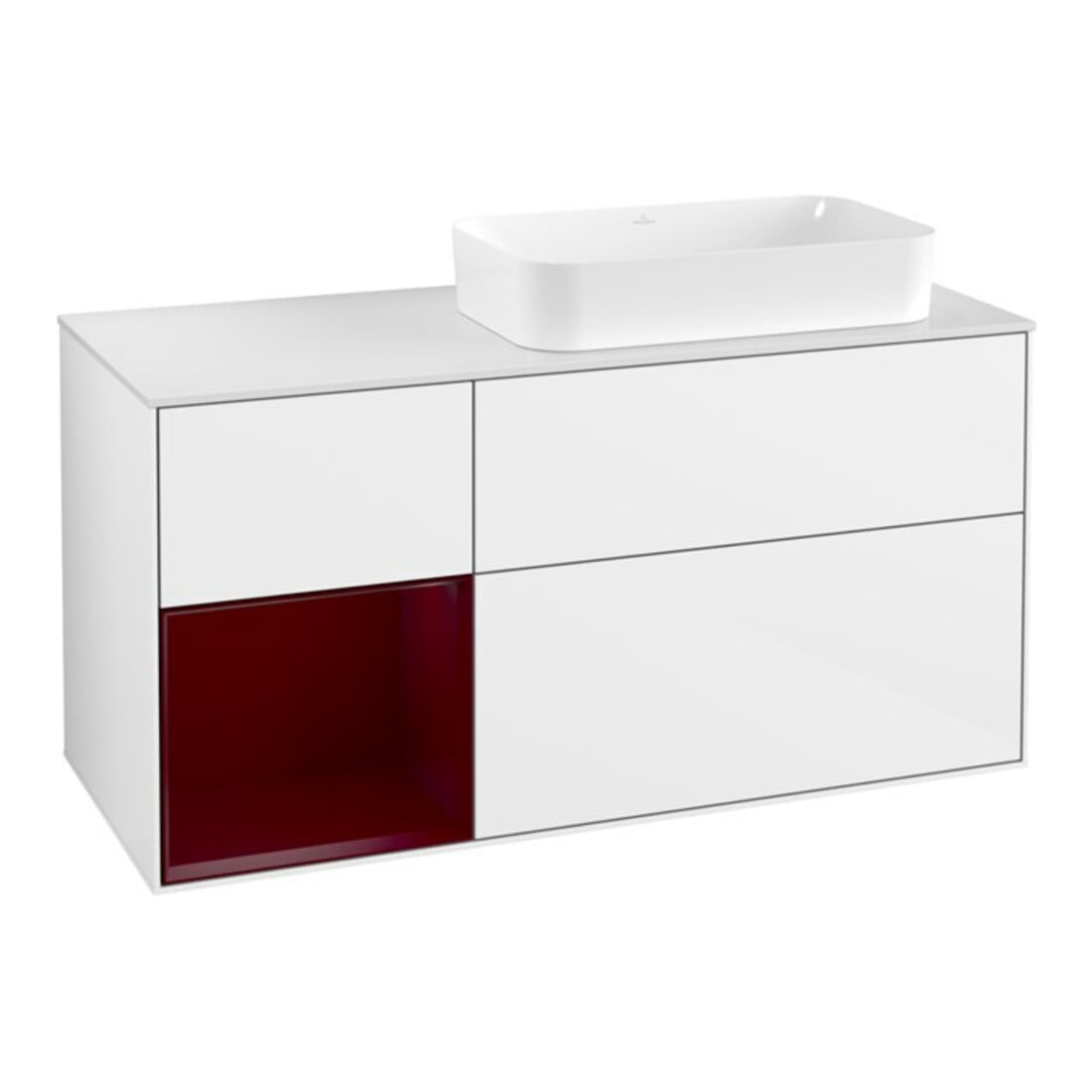 V&B Meuble sous lavabo Finion 120x60 cm, étagère gauche Peo, laque blanc brillant
