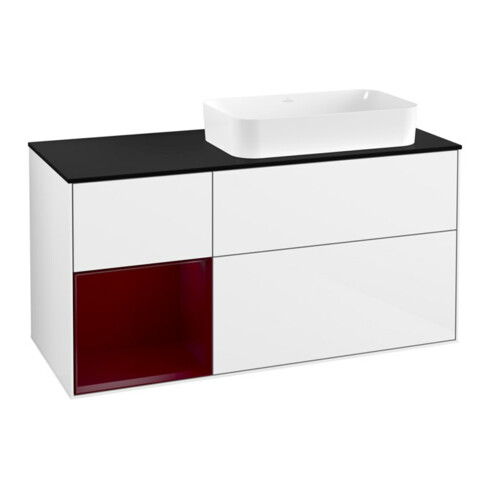 V&B Meuble sous lavabo Finion 120x60 cm, étagère gauche Peo, laque blanc brillant