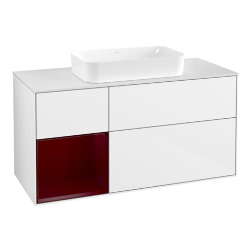 V&B Meuble sous-lavabo Finion 120x60 cm, étagère gauche Peo, laque blanc brillant