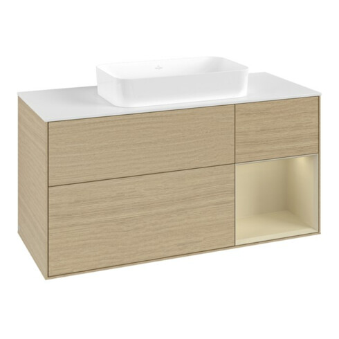 V&B Meuble sous lavabo Finion 120x60 cm, placage chêne clair, porte droite, gauche, milieu