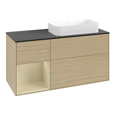 V&B Meuble sous lavabo Finion 120x60 cm, porte gauche, laqué gris moyen, placage Oa