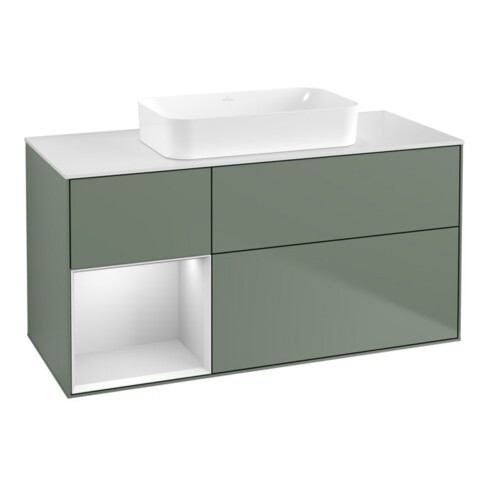 V&B Meuble sous lavabo Finion 120x60 cm, Reg gauche blanc mat laqué, olivier mat laqué