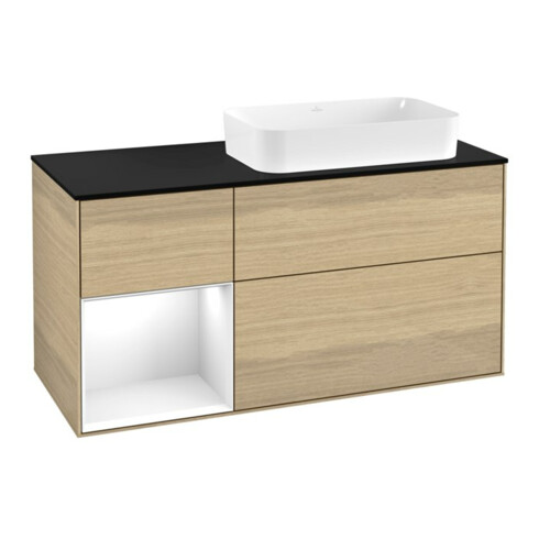 V&B Meuble sous lavabo Finion 120x60 cm, tiroir gauche, blanc brillant, placage Oa