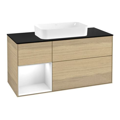 V&B Meuble sous lavabo Finion 120x60 cm, tiroir gauche, blanc brillant, placage Oa