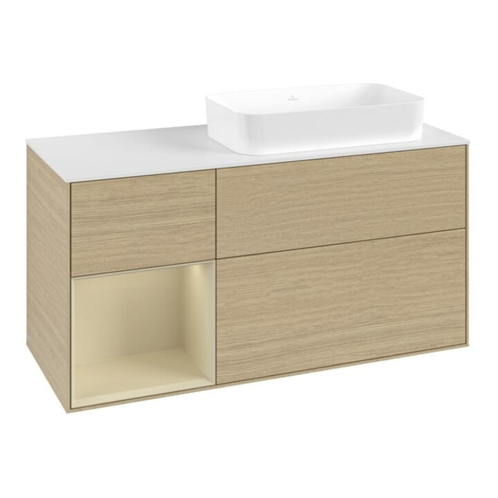 V&B Meuble sous lavabo Finion 120x60 cm, tiroir gauche, gris moyen laqué, placage Oa