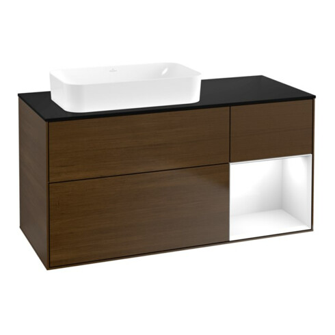 V&B Meuble sous lavabo Finion 120x60 cm, tiroir rég. blanc brillant, noyer ven.