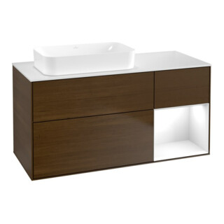 V&B Meuble sous lavabo Finion 120x60 cm, tiroir régulier, blanc brillant, noyer veneer