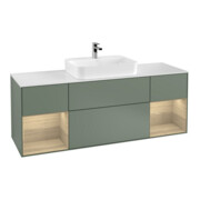 V&B Meuble sous lavabo Finion 160 cm, blanc, avec éclairage mural, étagère ouverte, olivier laqué