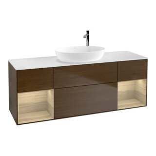 V&B Meuble sous lavabo Finion 160 cm, blanc, avec éclairage mural, réglable, noyer ven.